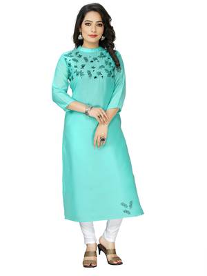 Sea-green embroidered cotton embroidered-kurtis 1
