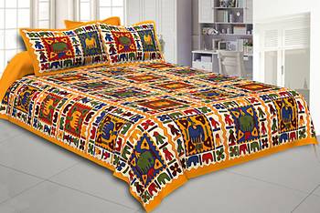 Yellow Border Elephant Pattern Screen Print Double Bed Sheet 2