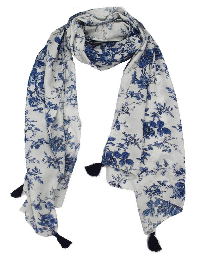 DesiButik Trends Beautiful Muslin Fabric White  Printed women scarf/Stoles With Tassels