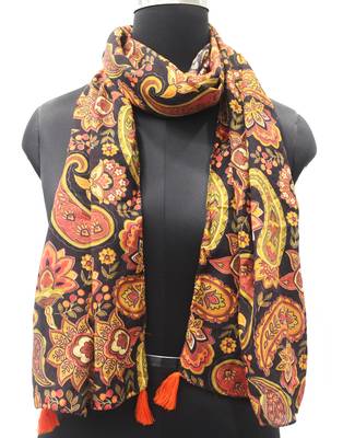 DesiButik Trends Appealing Muslin Fabric Black Printed women scarf/Stoles With Tassels 1