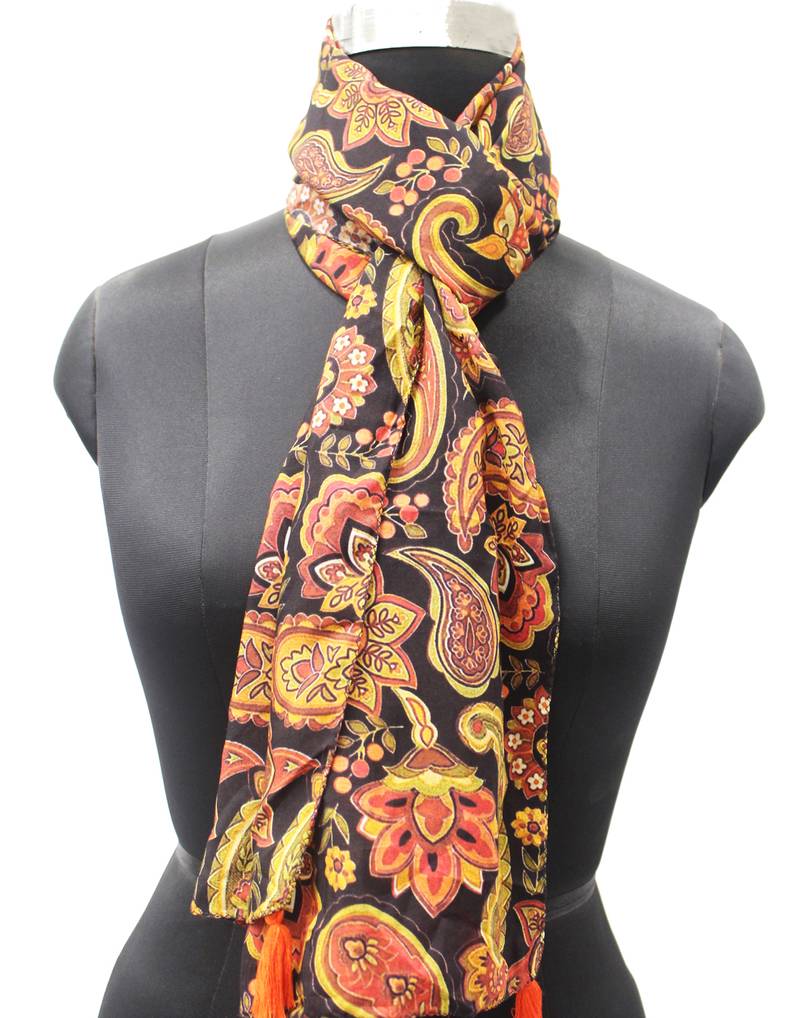 DesiButik Trends Appealing Muslin Fabric Black Printed women scarf/Stoles With Tassels