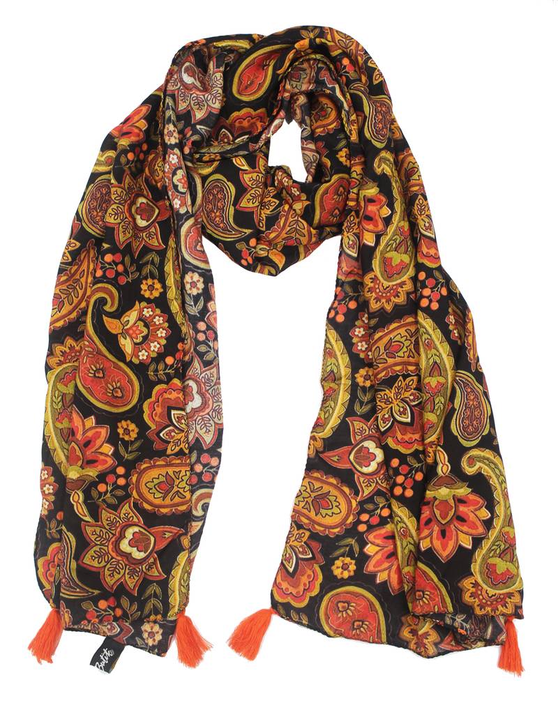 DesiButik Trends Appealing Muslin Fabric Black Printed women scarf/Stoles With Tassels