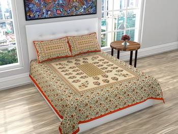 Cotton Floral Print Queen Size BedSheet for Double Bed with 2 Pillow Covers Set (Orange) 1