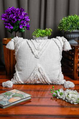 Cotton White Tribal Boho Shaggy Pattern with Tassel for Home Decorative 18" X 18" Inches 1