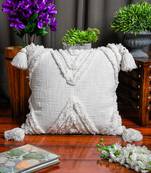 Cotton White Tribal Boho Shaggy Pattern with Tassel for Home Decorative 18" X 18" Inches