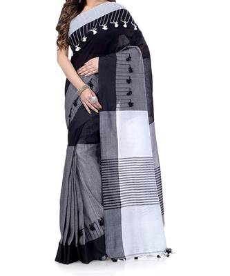 Black Gray Weaving Work Cotton Pompom Handloom Saree With blouse piece 1