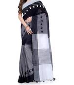 Black Gray Weaving Work Cotton Pompom Handloom Saree With blouse piece