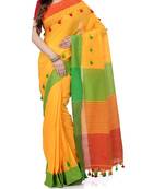 Yellow Green Weaving Work Cotton Pompom Handloom Saree With blouse piece