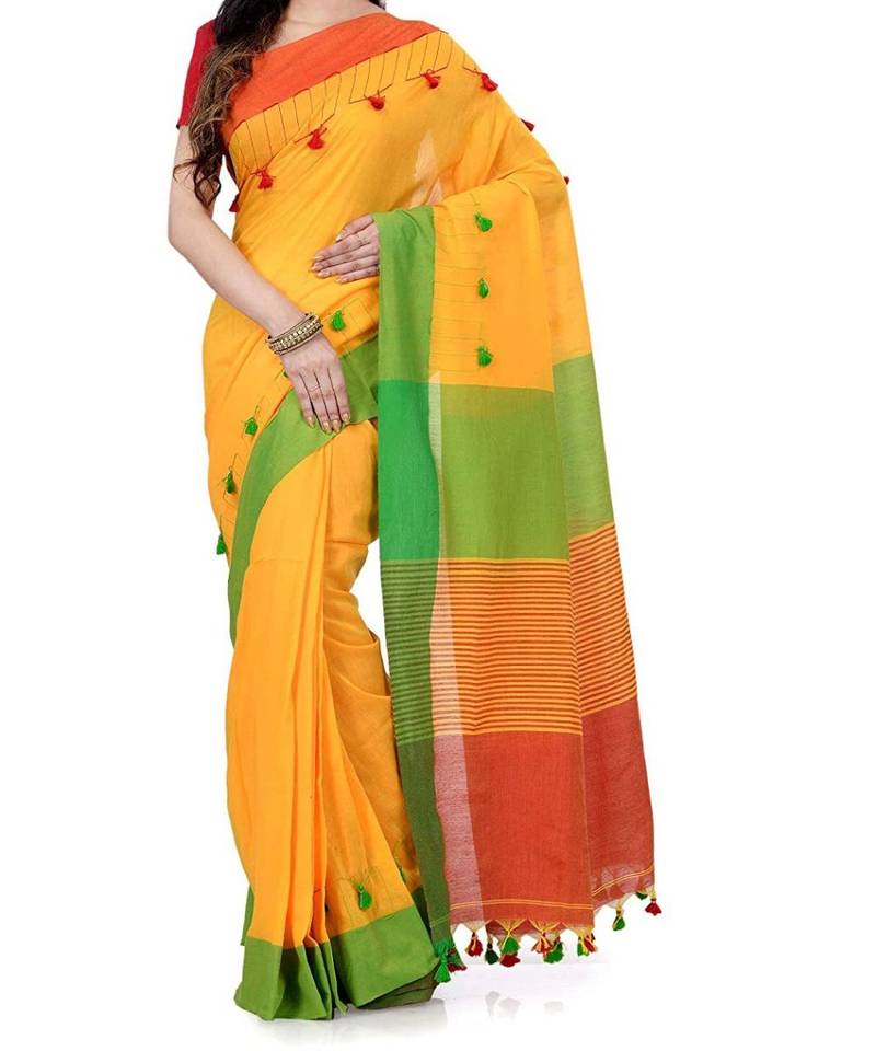 Yellow Green Weaving Work Cotton Pompom Handloom Saree With blouse piece