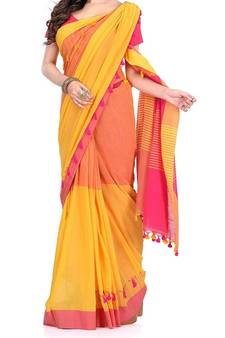 Yellow Red Weaving Work Cotton Pompom Handloom Saree With blouse piece