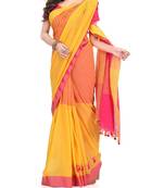 Yellow Red Weaving Work Cotton Pompom Handloom Saree With blouse piece