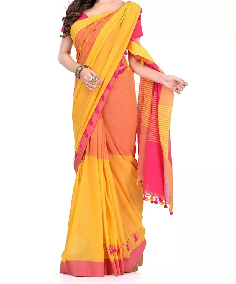 Yellow Red Weaving Work Cotton Pompom Handloom Saree With blouse piece