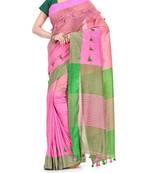 Pink Green Weaving Work Cotton Pompom Handloom Saree With blouse piece