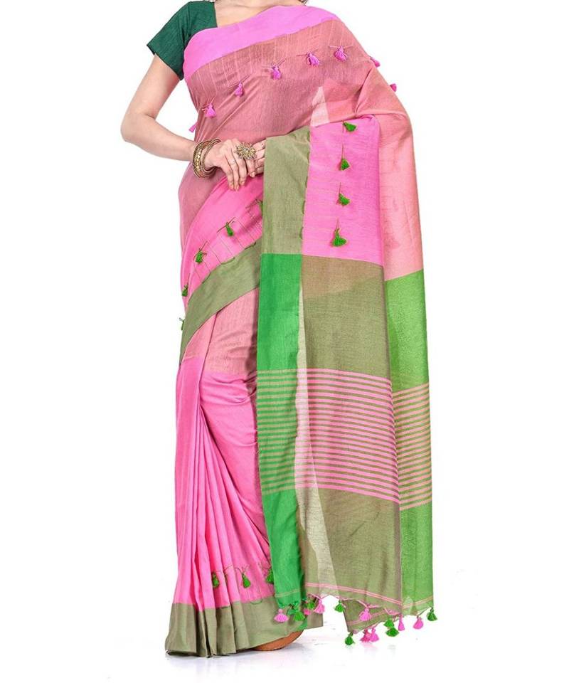 Pink Green Weaving Work Cotton Pompom Handloom Saree With blouse piece