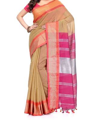 Creem Zari Work Cotton Silk Handloom Saree With blouse piece 1