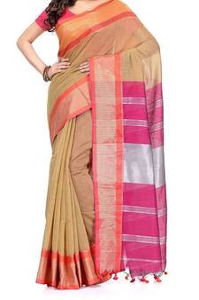 Creem Zari Work Cotton Silk Handloom Saree With blouse piece