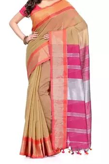 Creem Zari Work Cotton Silk Handloom Saree With blouse piece
