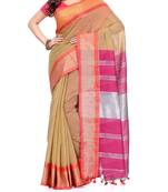 Creem Zari Work Cotton Silk Handloom Saree With blouse piece