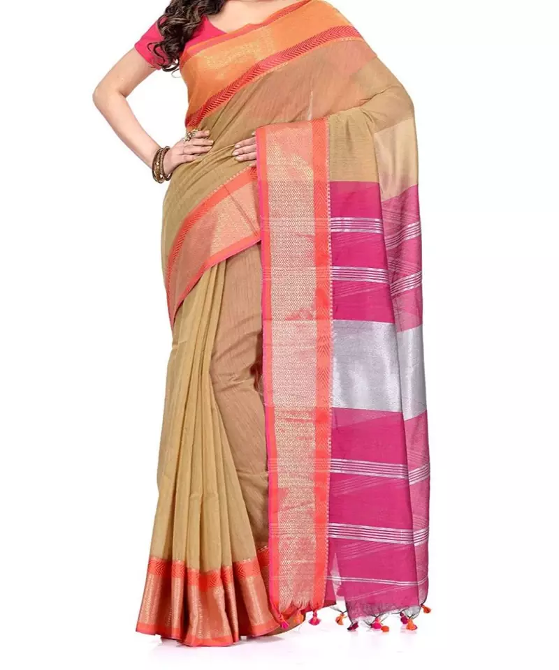 Creem Zari Work Cotton Silk Handloom Saree With blouse piece