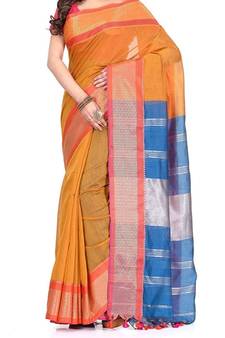 Orenge Zari Work Cotton Silk Handloom Saree With blouse piece