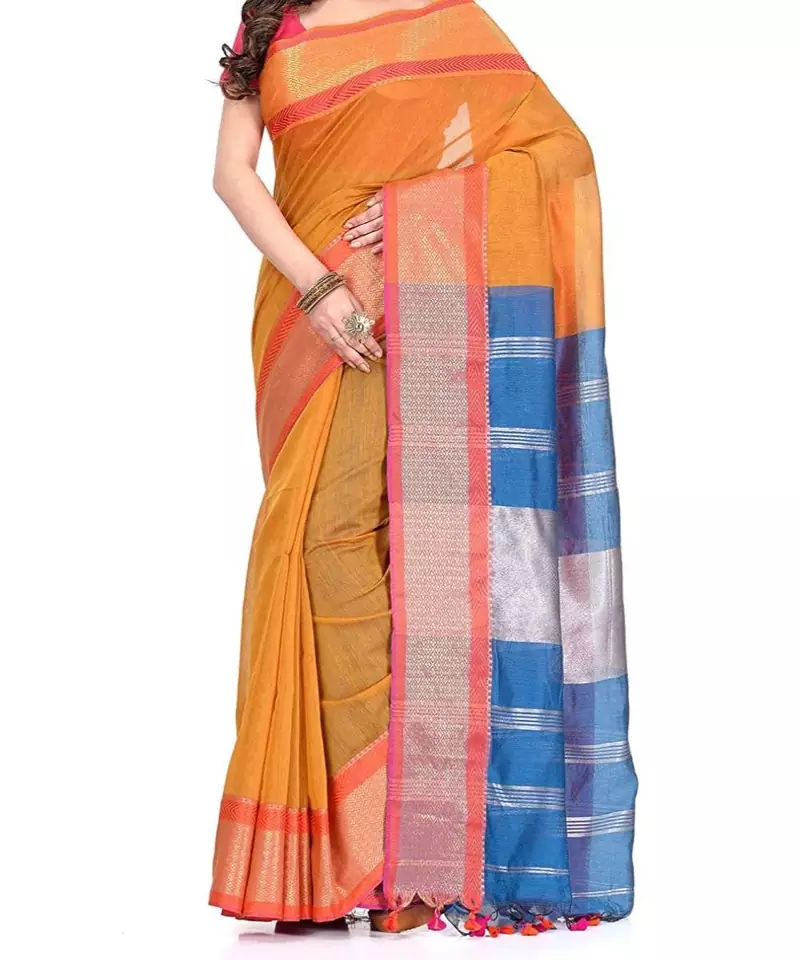 Orenge Zari Work Cotton Silk Handloom Saree With blouse piece
