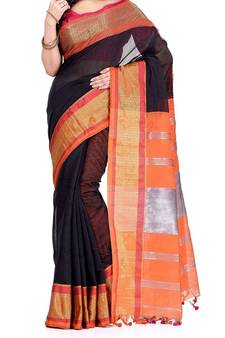 Black Zari Work Cotton Silk Handloom Saree With blouse piece