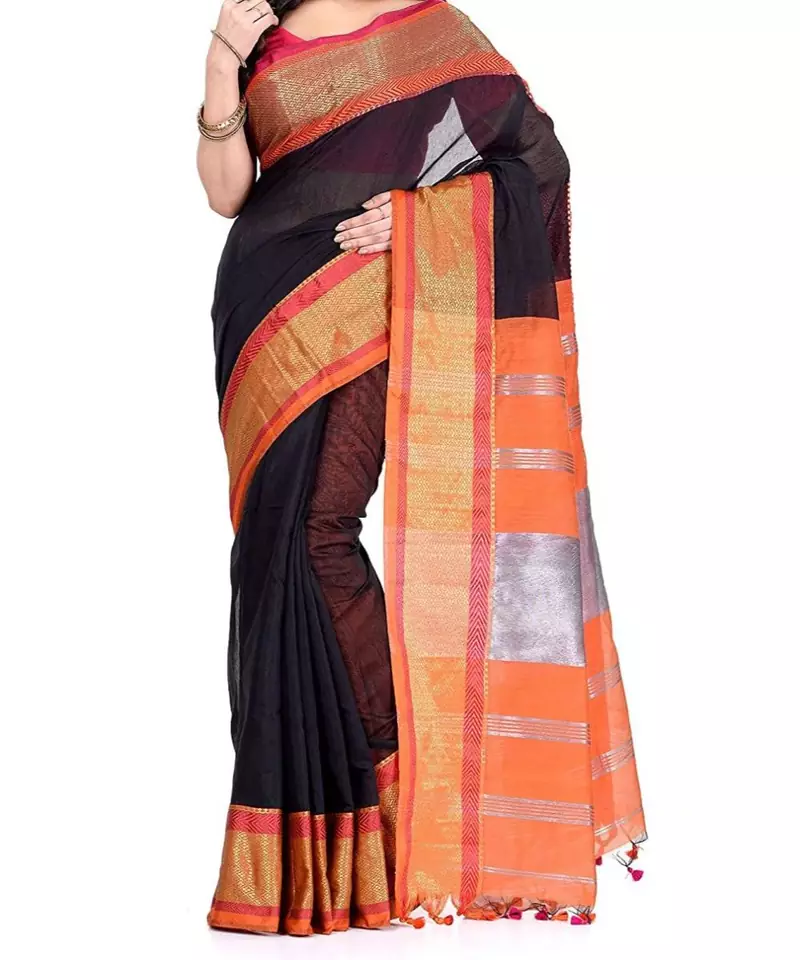 Black Zari Work Cotton Silk Handloom Saree With blouse piece