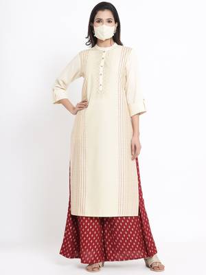 Juniper Ivory Rayon Printed Straight Kurta with Mask 1