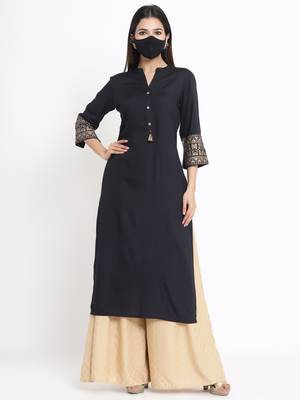 Juniper Black Rayon Printed Straight Kurta with Mask 1