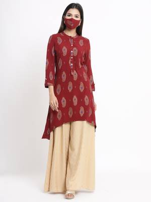 Juniper Maroon Rayon Paisley Print High Low Kurta with Mask 1