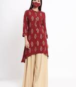 Juniper Maroon Rayon Paisley Print High Low Kurta with Mask