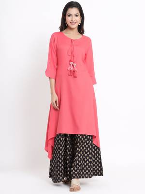 Juniper Coral Rayon Solid Asymmteric Kurta 1