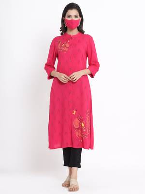 Juniper Fuschia Rayon Slub Ikat Print A-Line Kurta with Mask 1