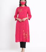 Juniper Fuschia Rayon Slub Ikat Print A-Line Kurta with Mask