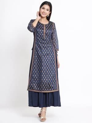 Juniper Navy Chanderi Silk Printed Layered Kurta Dress  With Purse & Hair-Band 1