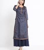 Juniper Navy Chanderi Silk Printed Layered Kurta Dress  With Purse & Hair-Band