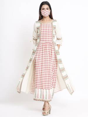 Juniper Ivory Rayon Printed A-Line Dress With Mask 1