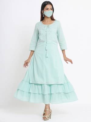 Juniper Sagegreen Cotton Mirror Work Layered Kurta Dress With Mask 1