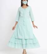Juniper Sagegreen Cotton Mirror Work Layered Kurta Dress With Mask