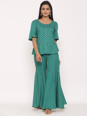 Juniper Green Rayon Printed Peplum Top Palazzo Set 1
