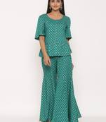 Juniper Green Rayon Printed Peplum Top Palazzo Set