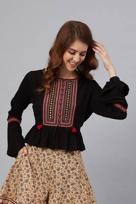 Juniper Black Rayon Crepe Embroidered Peplum Crop-Top 1