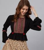 Juniper Black Rayon Crepe Embroidered Peplum Crop-Top