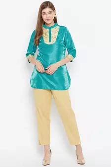 Green embroidered silk tunics