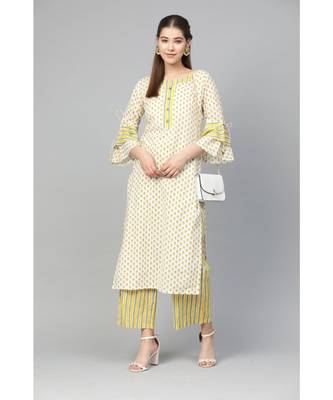 Myshka Women's Multi Cotton Printed Full Sleeve Round Neck Casual Kurta Palazzo Set 1