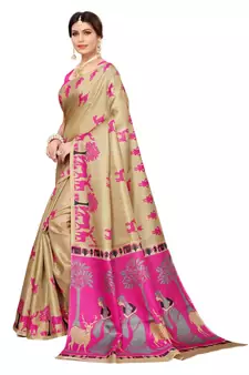 Beige Art Silk Printed Saree With Blouse For Women