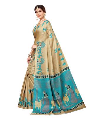 Beige Art Silk Printed Saree With Blouse For Women 2