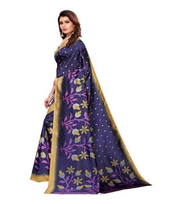 Blue Art Silk Printed Saree With Blouse For Women 1