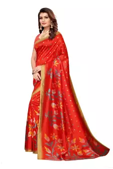 Orange Art Silk Printed Saree With Blouse For Women