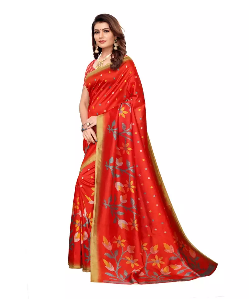 Orange Art Silk Printed Saree With Blouse For Women